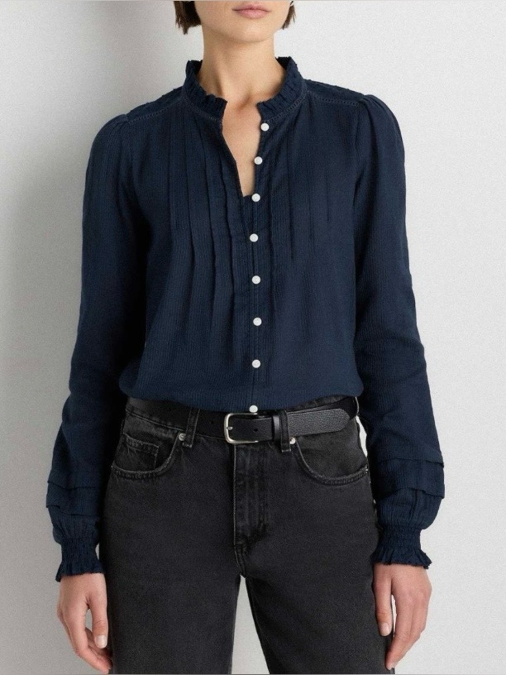 quince textured cotton peasant blouse navy
